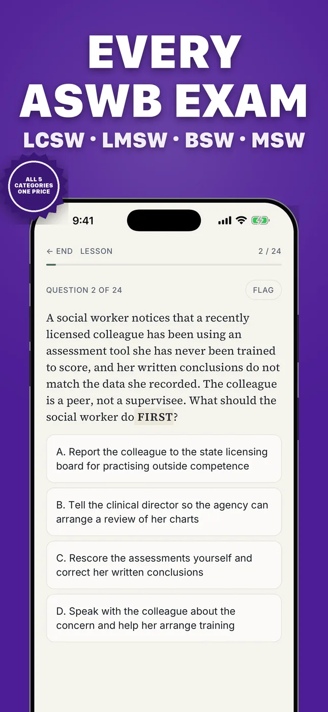 iPhone showing an ASWB practice question in the app: a social worker notices a recently licensed colleague scoring an assessment tool she was never trained on, and the question asks what to do FIRST, with four lettered options