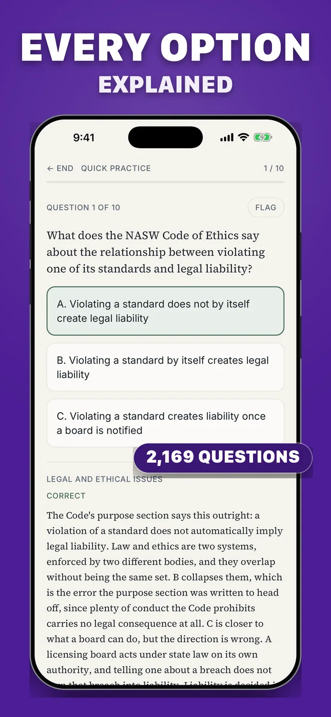 Every option explained. The phone shows a question on what the NASW Code of Ethics says about violating a standard and legal liability, with the correct option marked and a rationale explaining why each wrong answer is wrong.