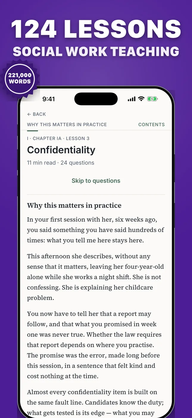 124 lessons of social work teaching, 221,000 words. The phone shows the Confidentiality lesson from Chapter IA — an 11-minute read with 24 questions — open at "Why this matters in practice".