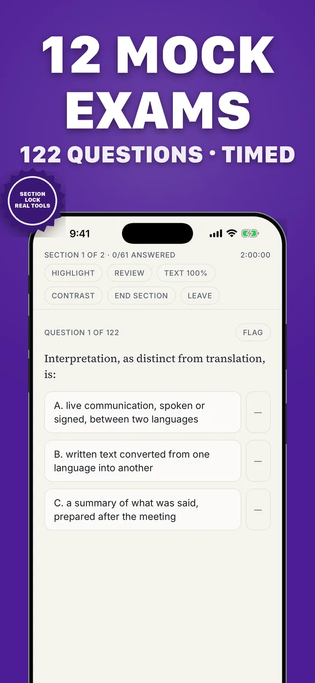 12 mock exams, 122 questions, timed. The phone shows section 1 of 2 with a two-hour countdown and the exam’s own tools — highlight, review, text size and contrast — above question 1 of 122.