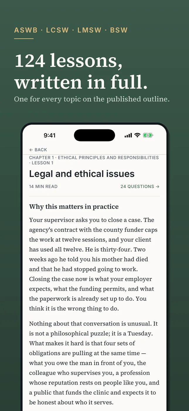 124 lessons, written in full: one for every topic on the published outline. The phone shows Chapter 1, Lesson 1, "Legal and ethical issues", a 14-minute read with 24 questions, open at "Why this matters in practice" with a supervisor asking a social worker to close a case at the twelve-session funding cap.