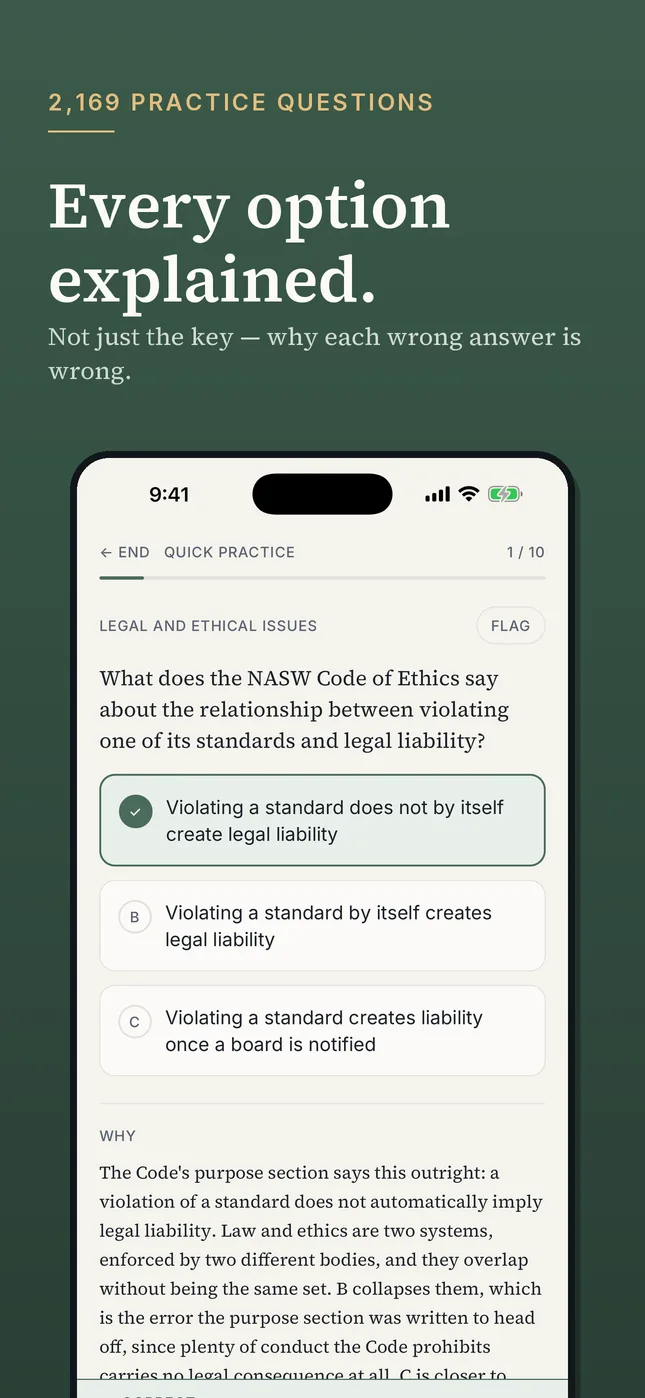Every option explained, not only the key. The phone shows a quick-practice question on what the NASW Code of Ethics says about violating a standard and legal liability, with the correct option marked and a rationale explaining why each wrong answer is wrong.