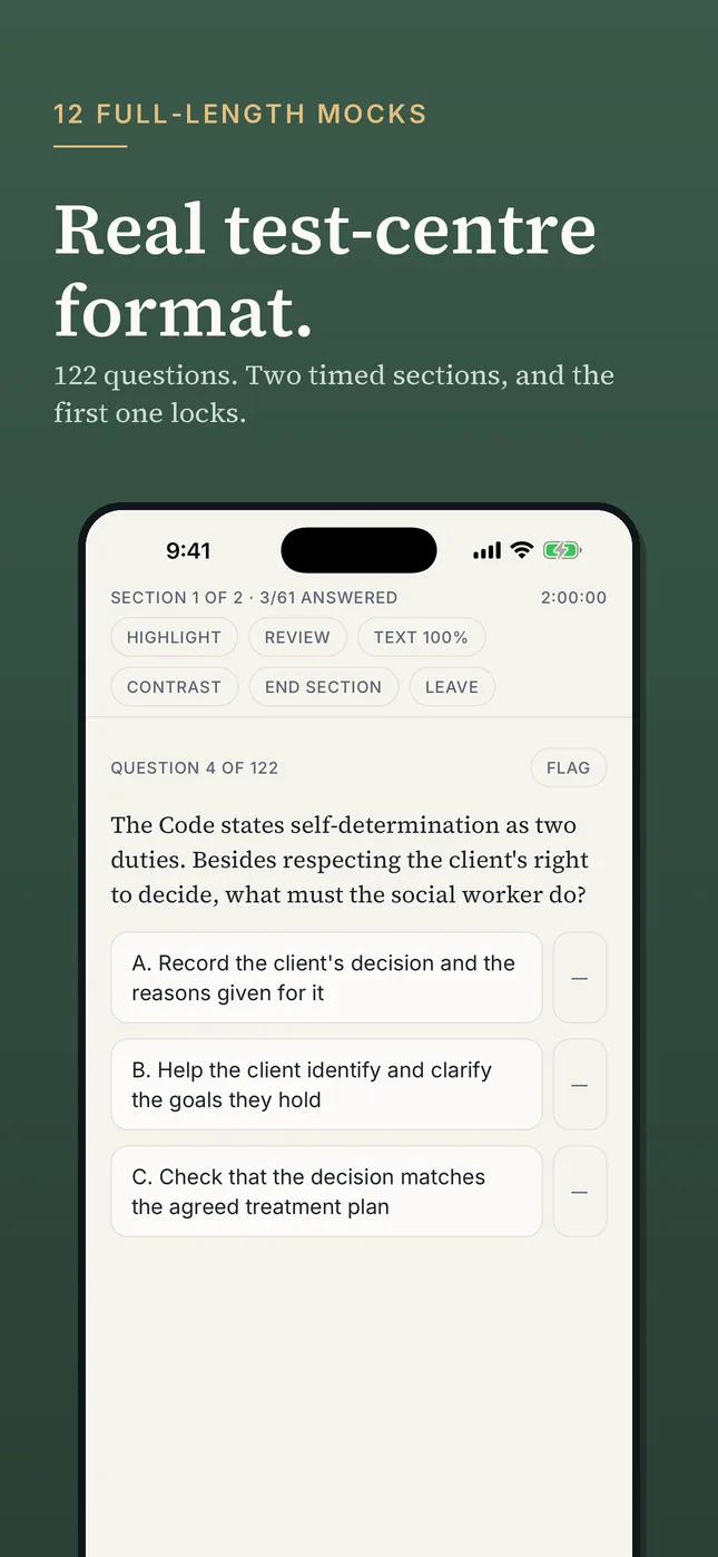 12 full-length mocks in the real test-center format: 122 questions in two timed sections, and the first one locks. The phone shows section 1 of 2 with a two-hour timer, the highlight, review, text size and contrast tools, and question 4 of 122 with three options.