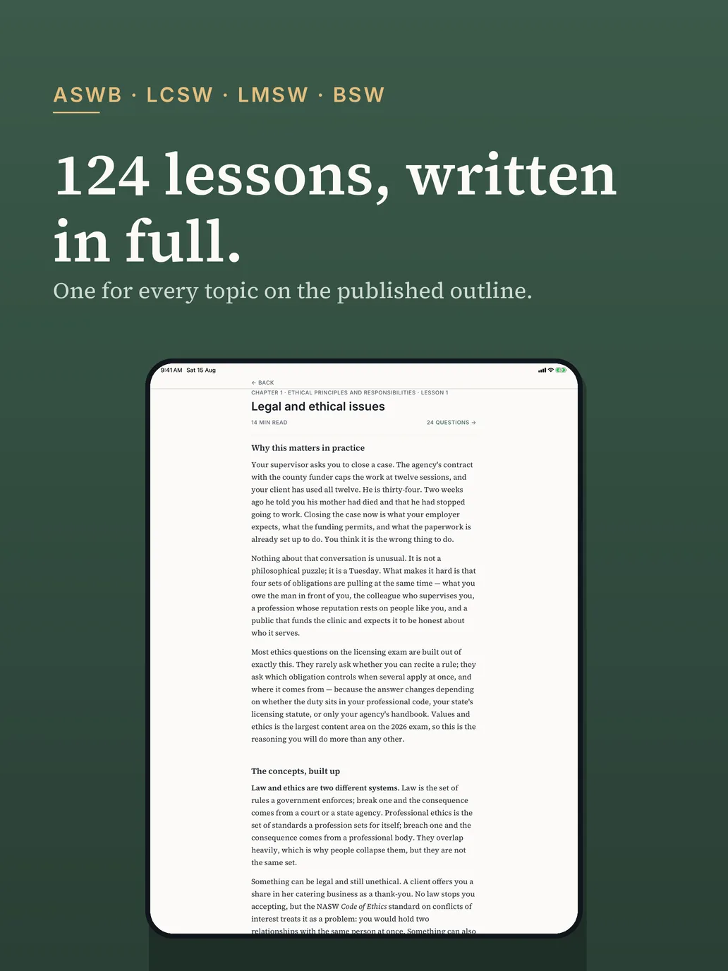 The Chapter 1 lesson "Legal and ethical issues" on iPad, a 14-minute read with 24 questions, open in a wide reading column at "Why this matters in practice" and "The concepts, built up".
