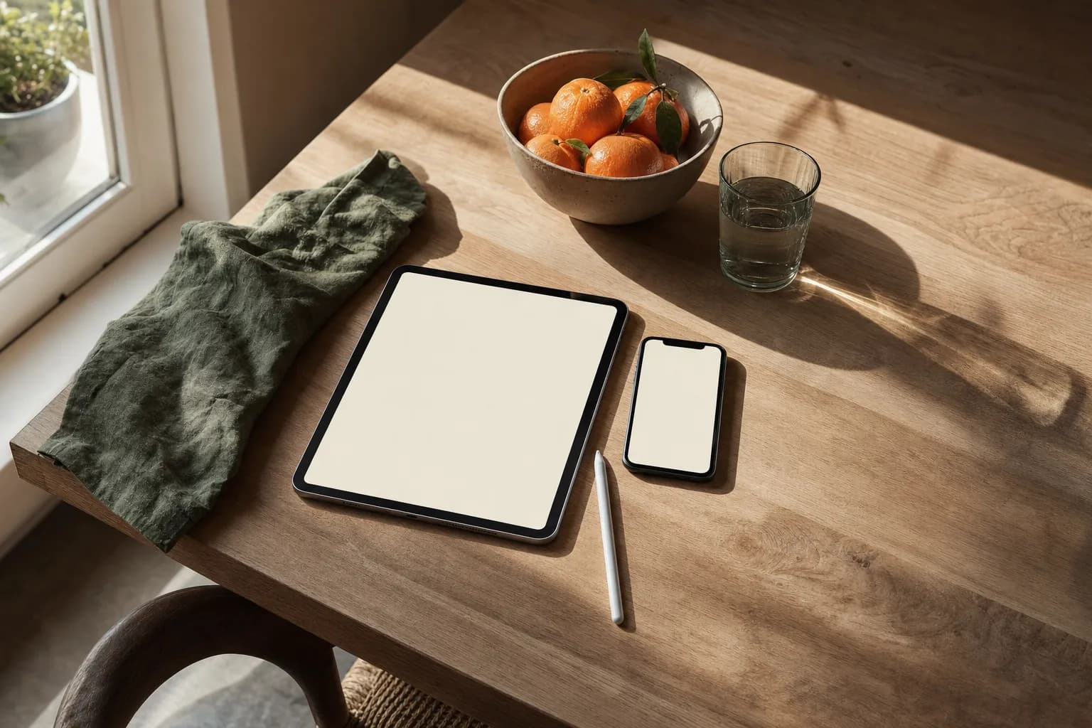 A tablet and a phone with blank screens and a stylus on an oak kitchen table, beside a bowl of clementines and a glass of water