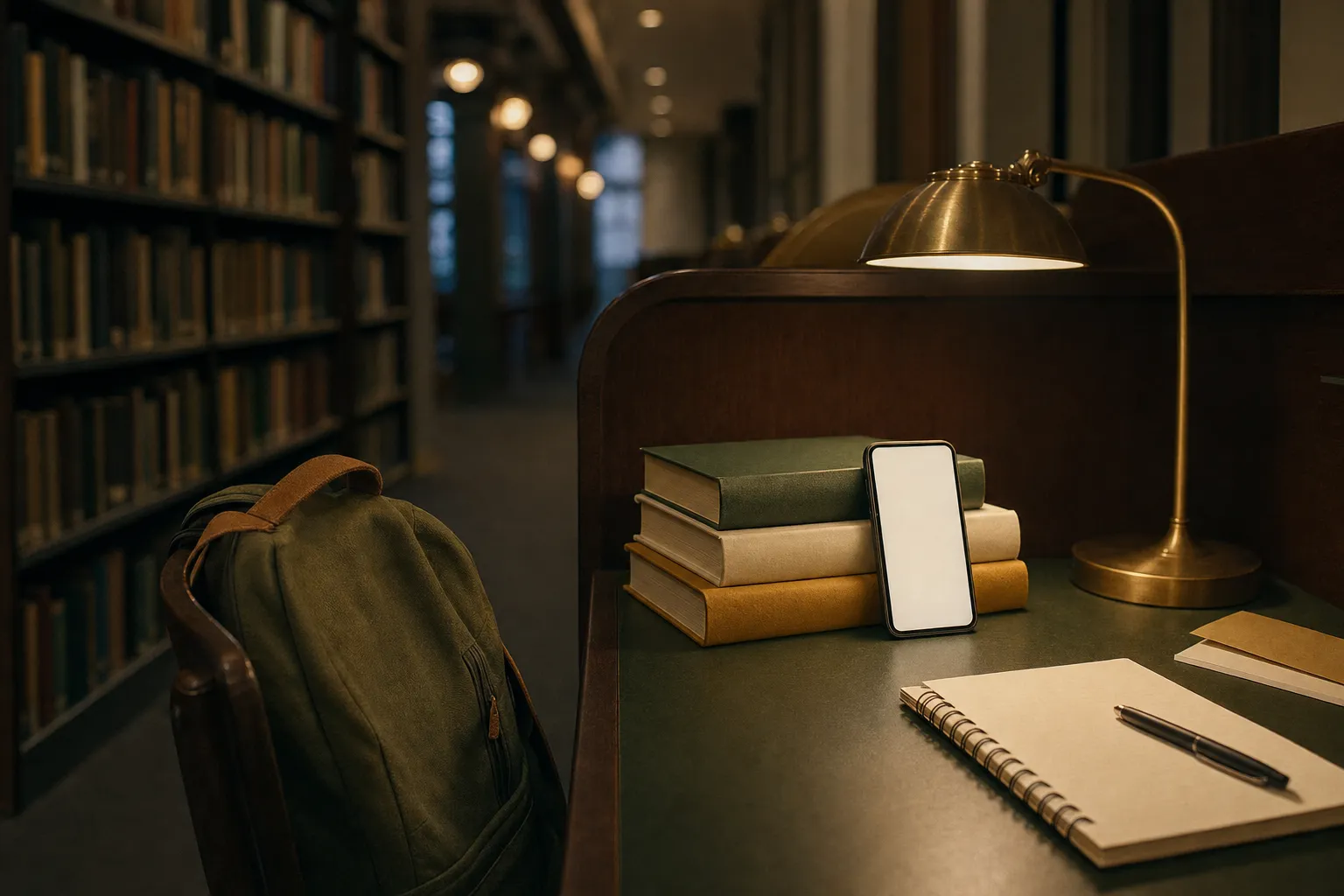 A library study carrel at dusk with a phone propped against green, cream and mustard books under a brass lamp, and a backpack on the chair