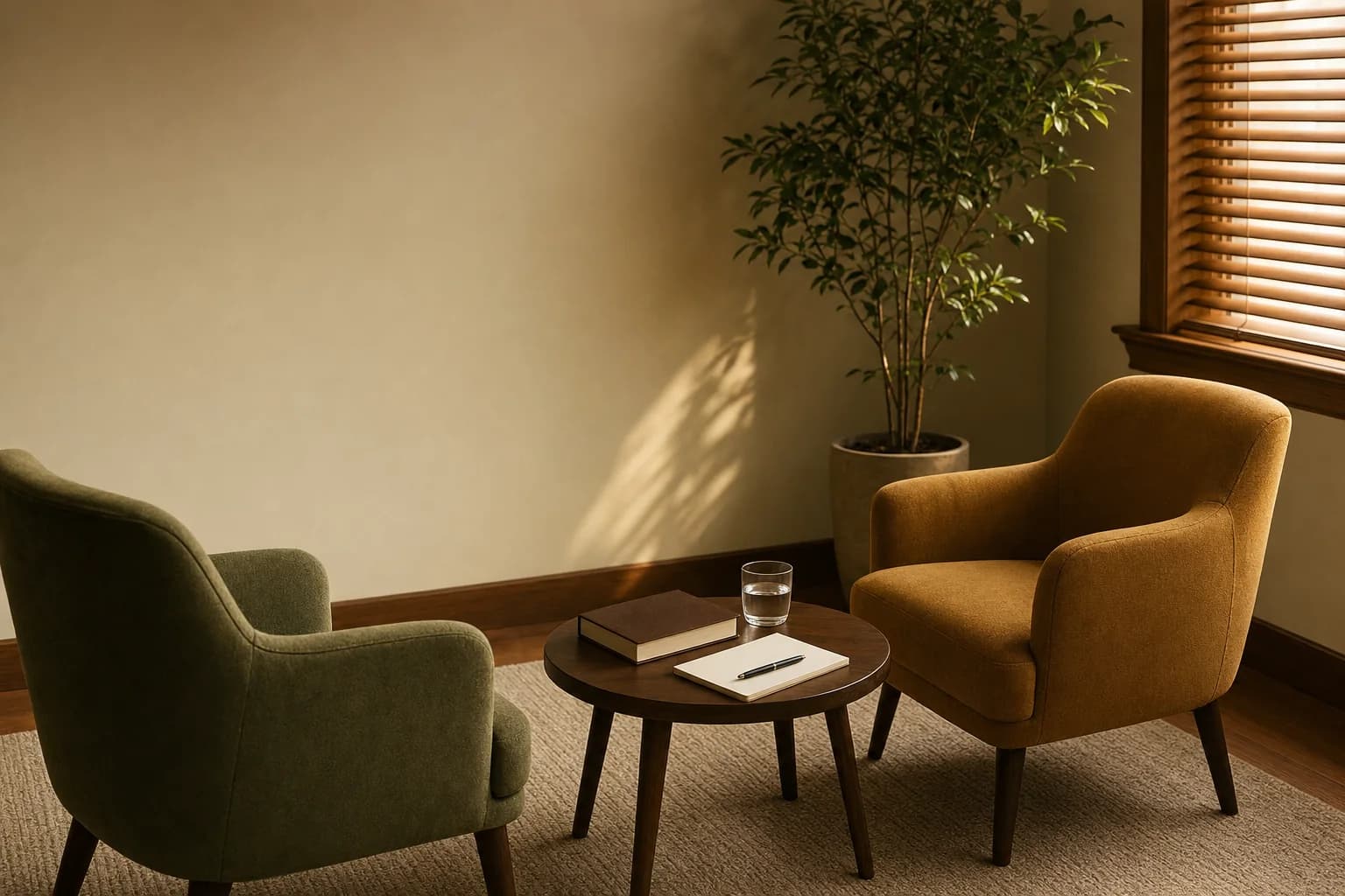A quiet counseling office with a moss green armchair and a mustard armchair facing each other across a small wooden table that holds a closed brown book, a notepad with a pen and a glass of water, beside a potted plant and sunlit blinds