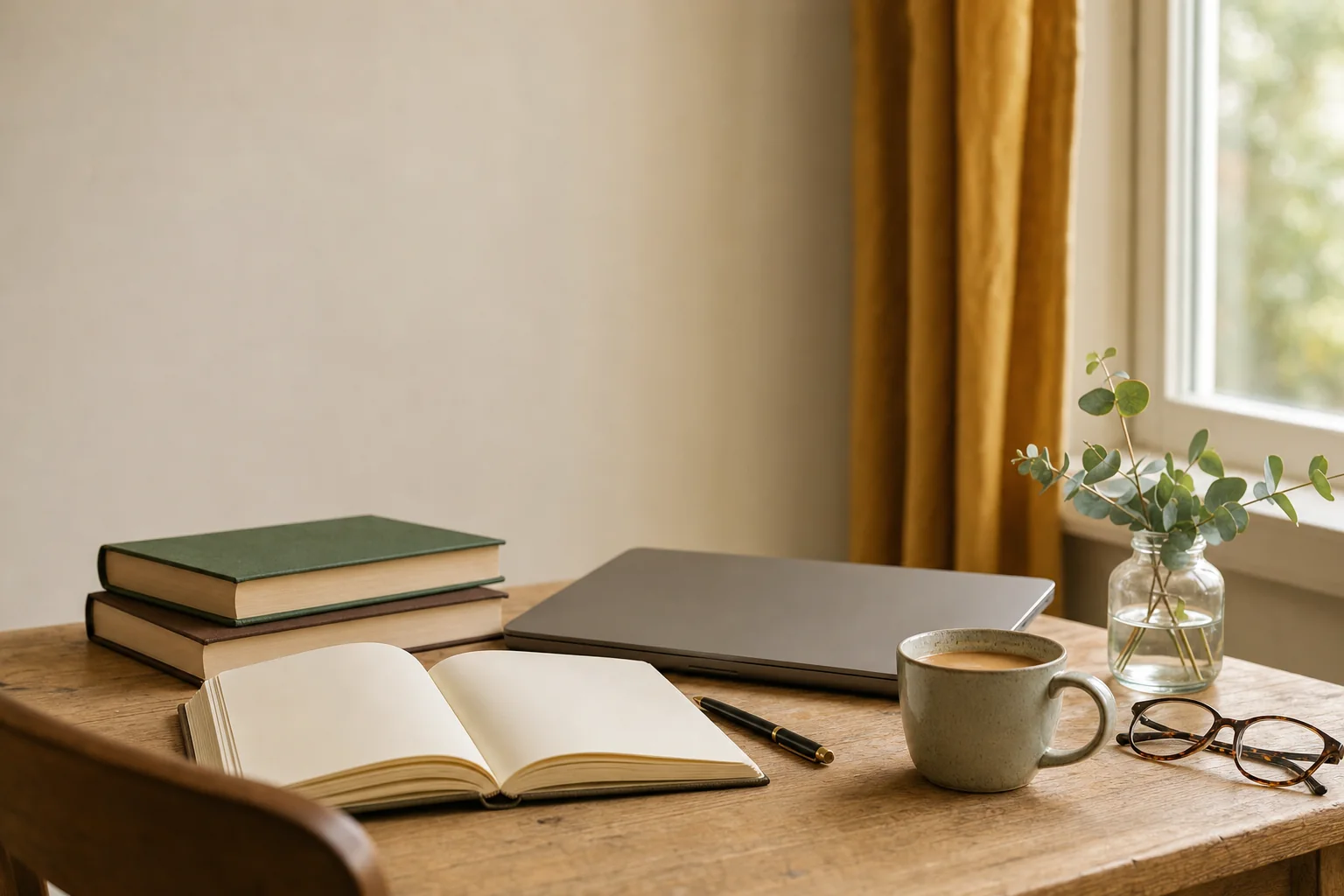 A home study setup on an oak kitchen table: an open notebook with blank pages and a pen, two plain hardback books in green and brown, a closed laptop, a mug of coffee, reading glasses and a sprig of eucalyptus beside a sunny window with a mustard curtain