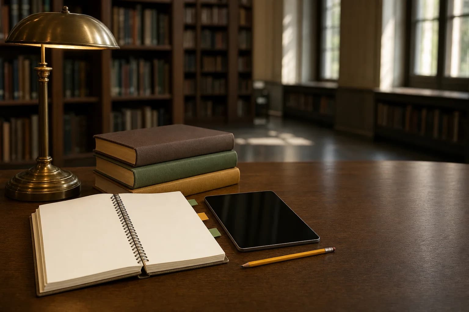 A library reading-room table with an open spiral-bound notebook of blank pages, a stack of three plain hardback books in brown, green and mustard, a tablet with a dark screen, a yellow pencil and a brass desk lamp
