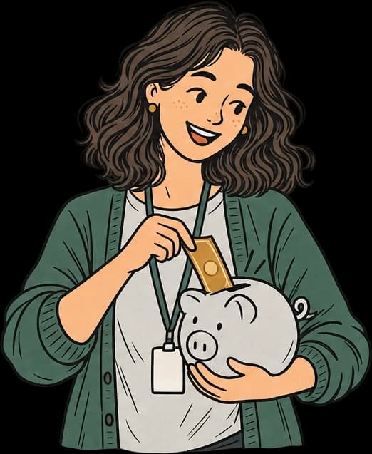 Illustration of a social worker dropping a banknote into a piggy bank