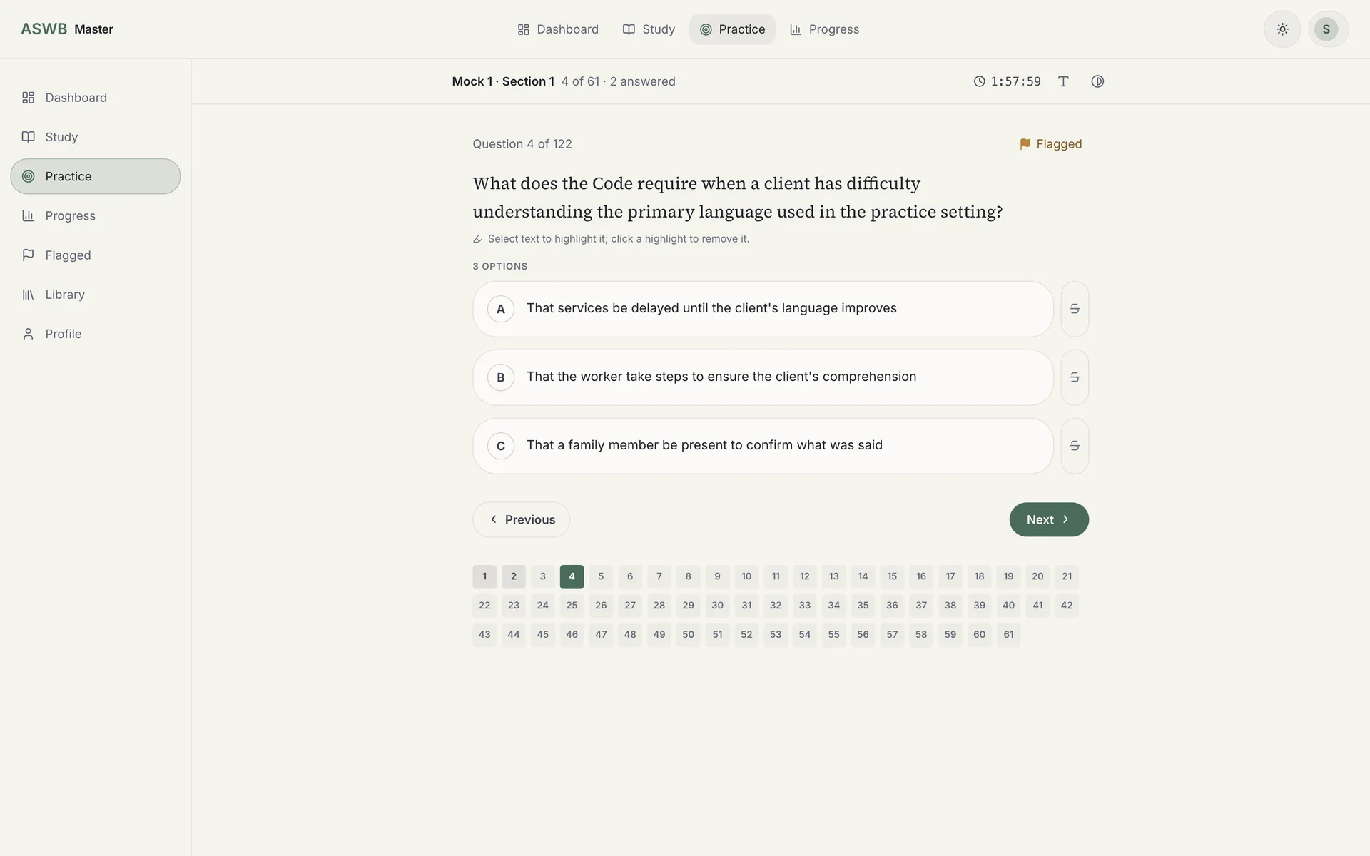 A full-length mock in progress in ASWB Master: the question navigator with answered and flagged questions, and the current question with its options.